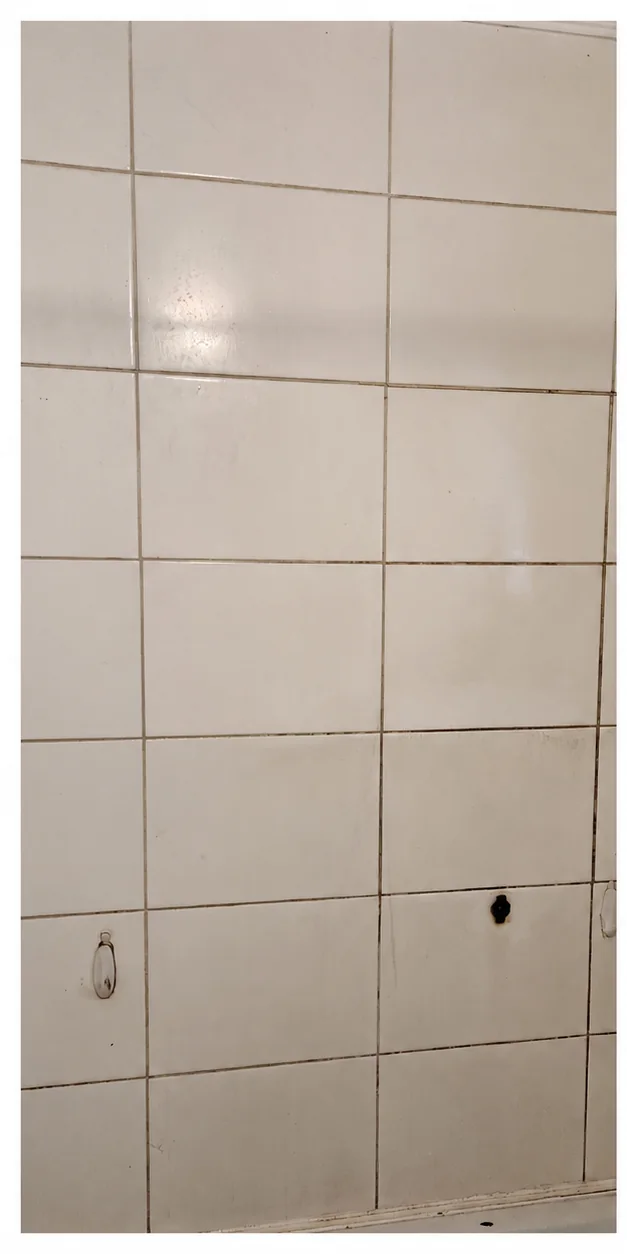 Cerámica clara de muro de baño con vetas marrones de suciedad
