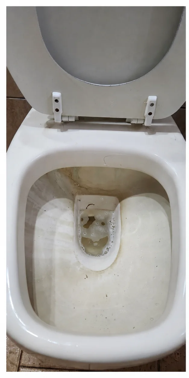 Interior de inodoro blanco con manchas visibles