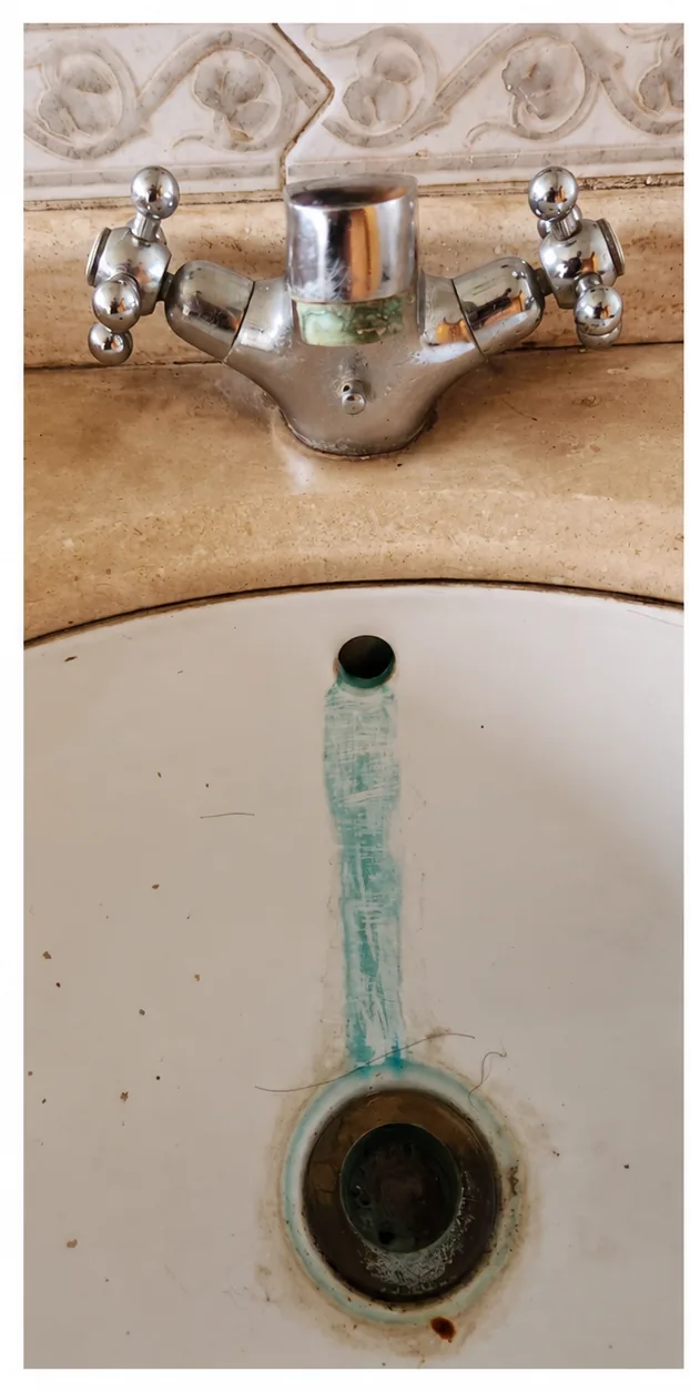 Lavamanos blanco con mancha verde alrededor del desagüe
