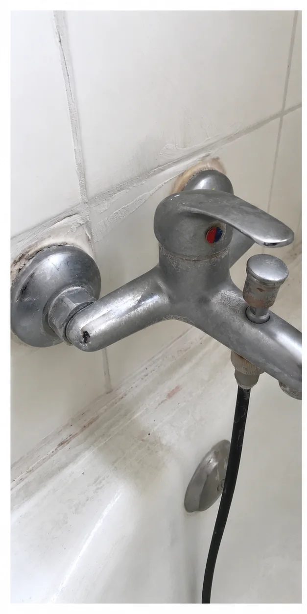 Llave cromada de ducha con residuos y marcas de agua