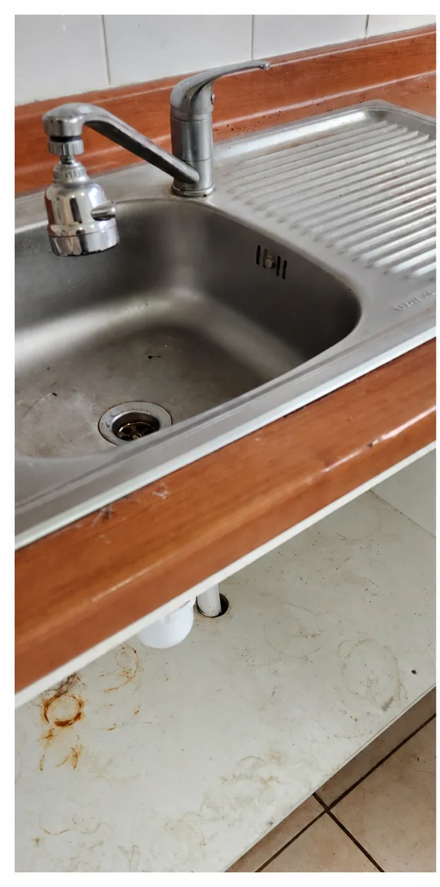 Lavaplatos de acero con manchas y suciedad en el mueble inferior