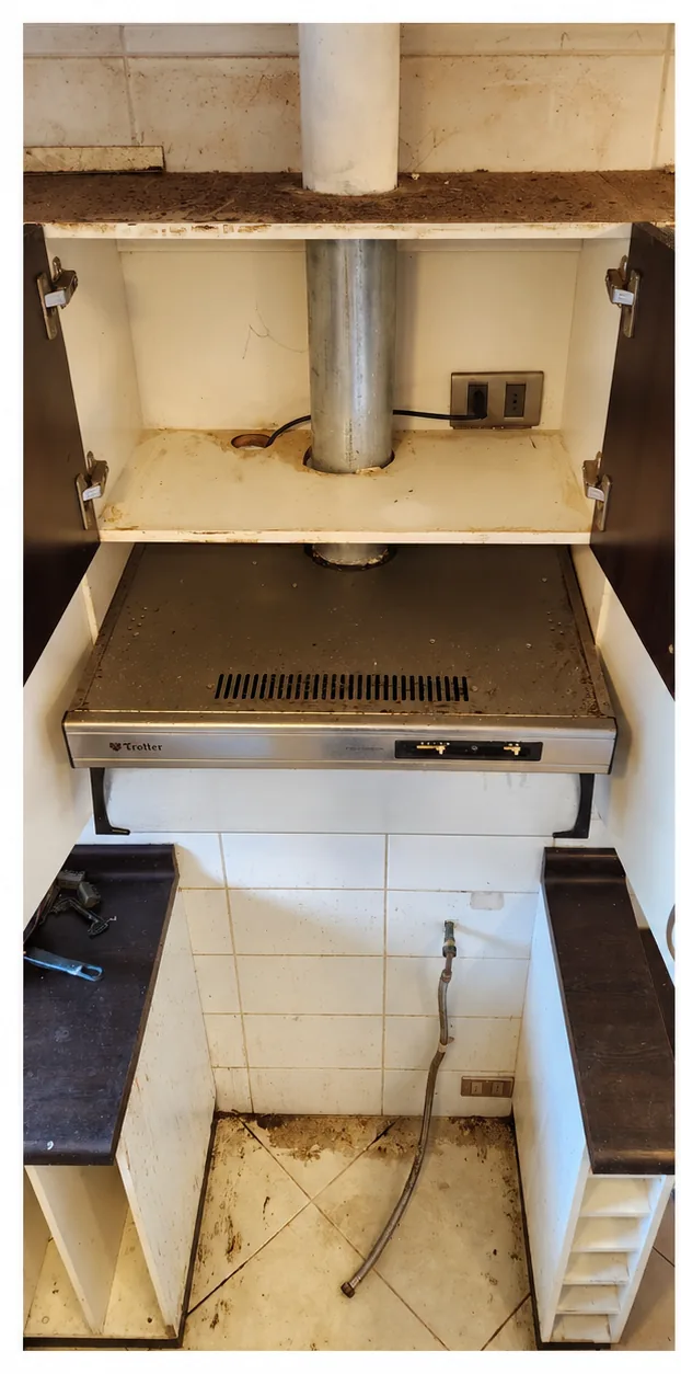 Interior de mueble bajo lavaplatos con grasa y suciedad