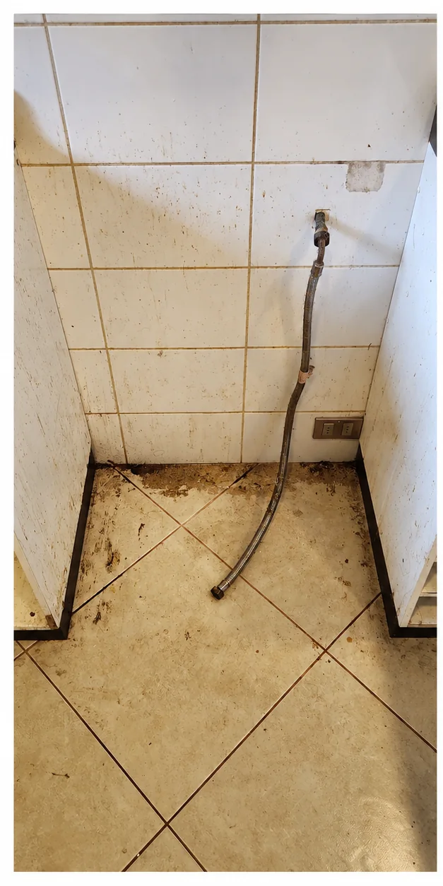 Cerámica clara bajo una encimera de cocina con suciedad visible