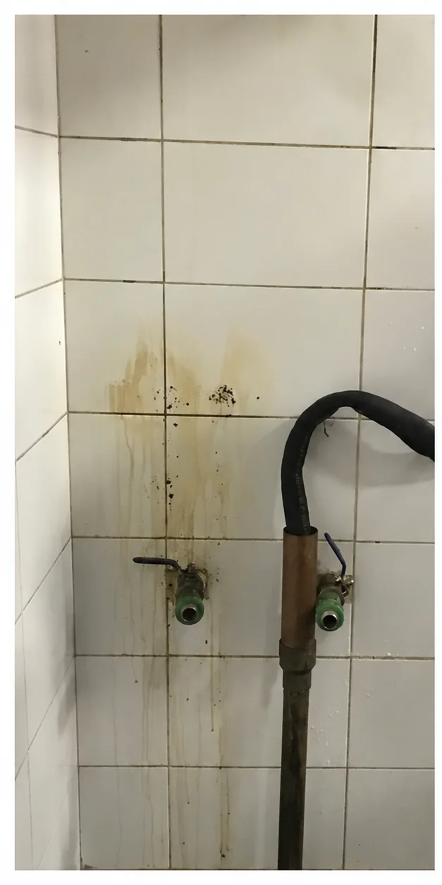 Cerámica de muro junto a cañerías de cocina con residuos oscuros