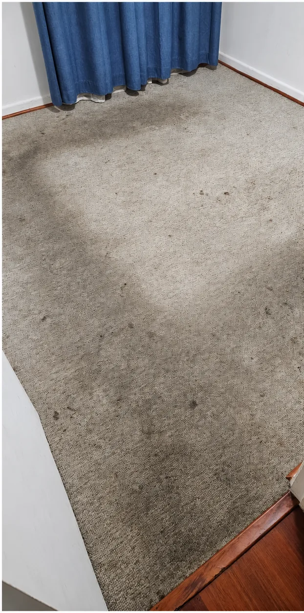 Cubrepiso gris de habitación con manchas oscuras extendidas
