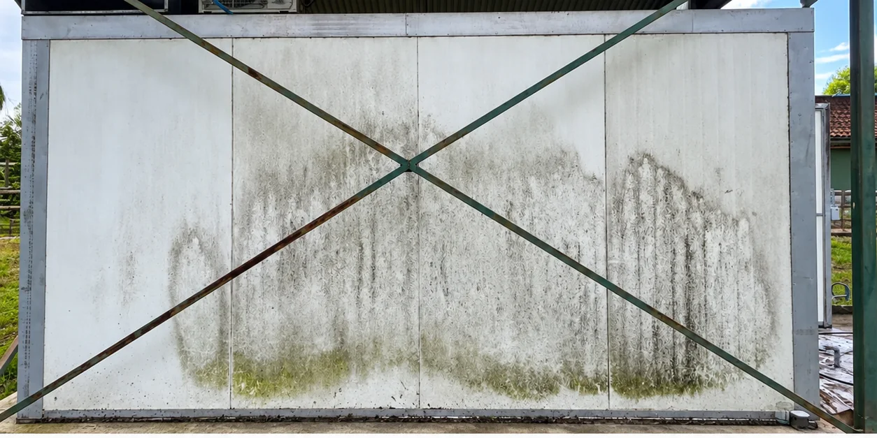 Muro exterior blanco con manchas verdes antes de la limpieza