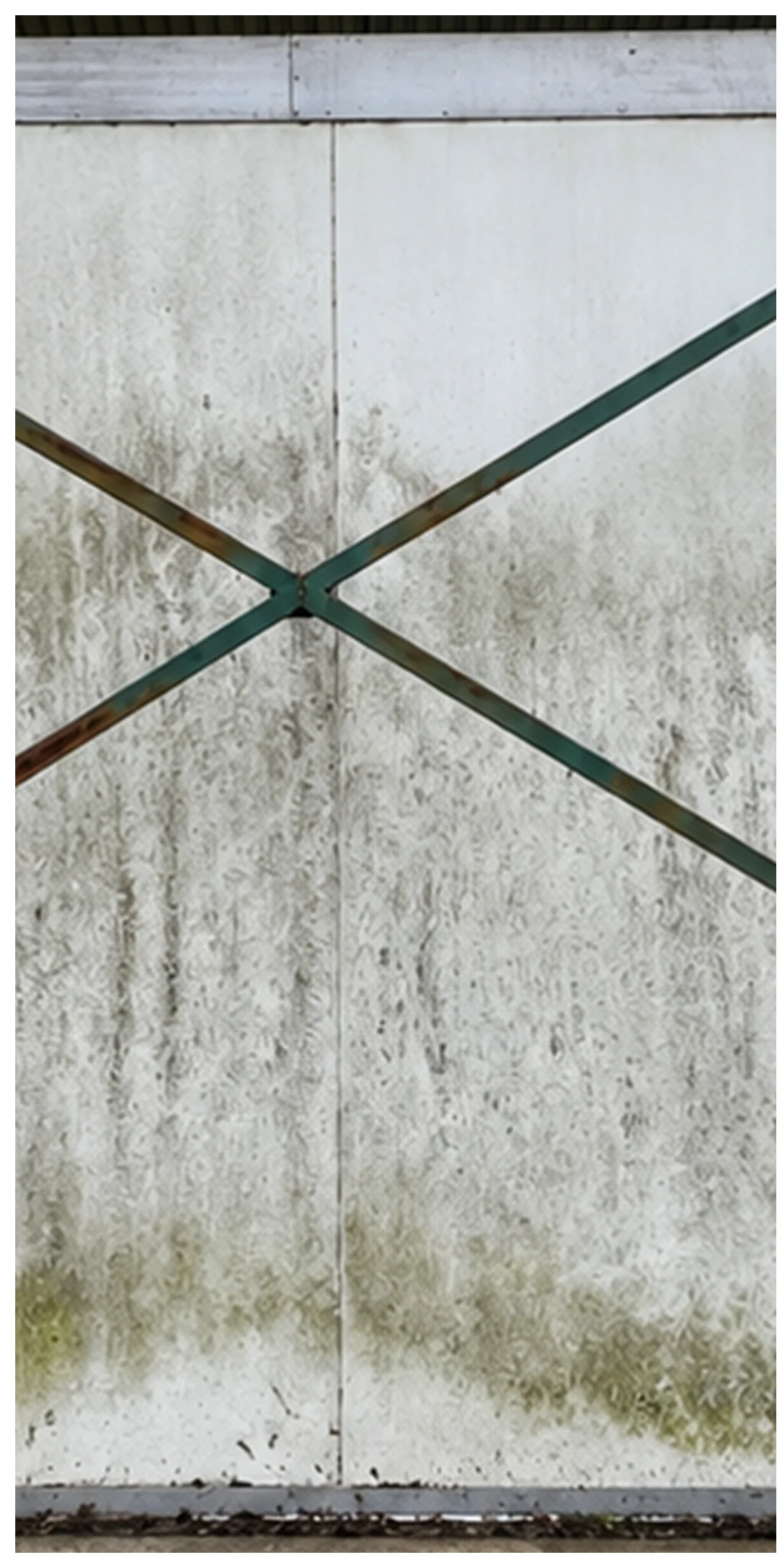Panel blanco exterior con manchas oscuras y verdes detrás de una estructura metálica en X