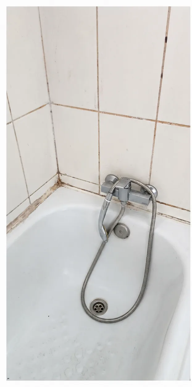 Tina de baño de vivienda por entregar con juntas oscuras