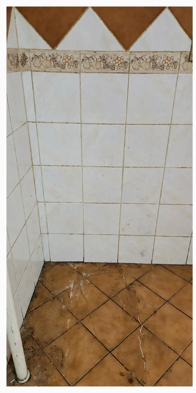 Cerámicas y piso de cocina con suciedad visible en las juntas