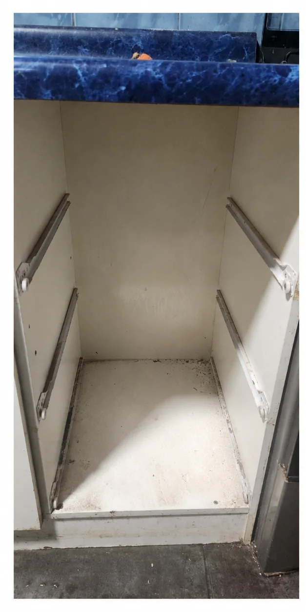Interior de mueble blanco de cocina con manchas junto a la cubierta