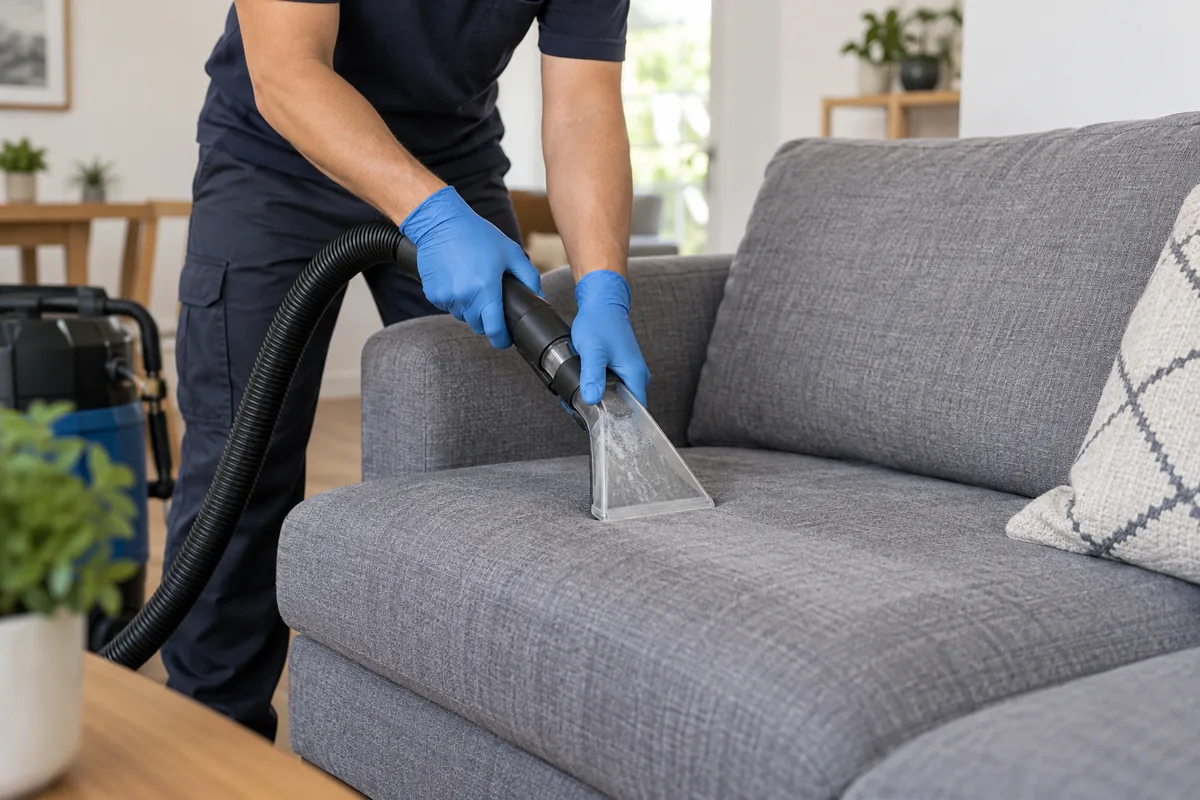 Representación de la limpieza de un sillón con equipo de extracción