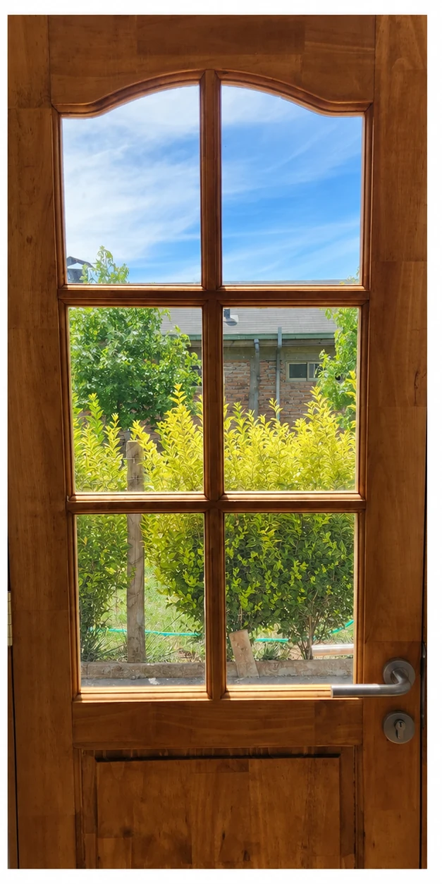 La misma puerta de madera con los seis paños de vidrio más transparentes