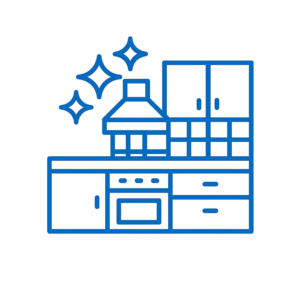 Ícono azul con encimera, campana y muebles de cocina brillantes que representa desengrasado profesional de cocinas.