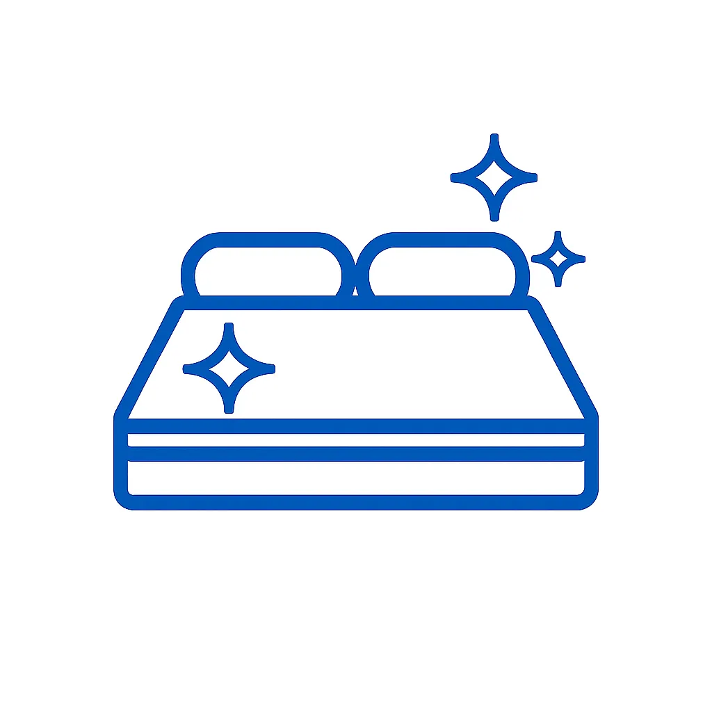 Ícono azul de colchón y cama con brillo que representa lavado profesional de colchones.