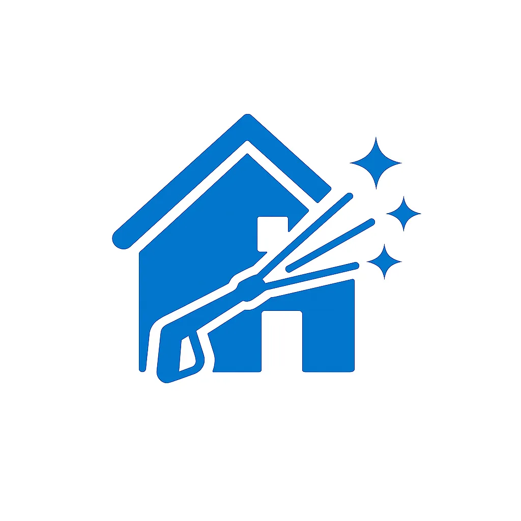 Ícono azul de limpieza de fachadas con hidrolavadora y brillo - MauleClean