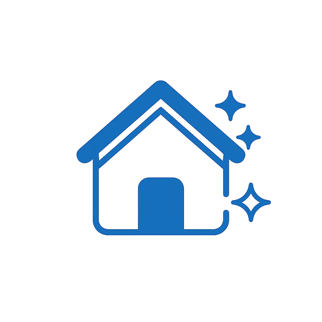 Ícono azul con cajas de mudanza y casa brillante que representa limpieza para mudanza.