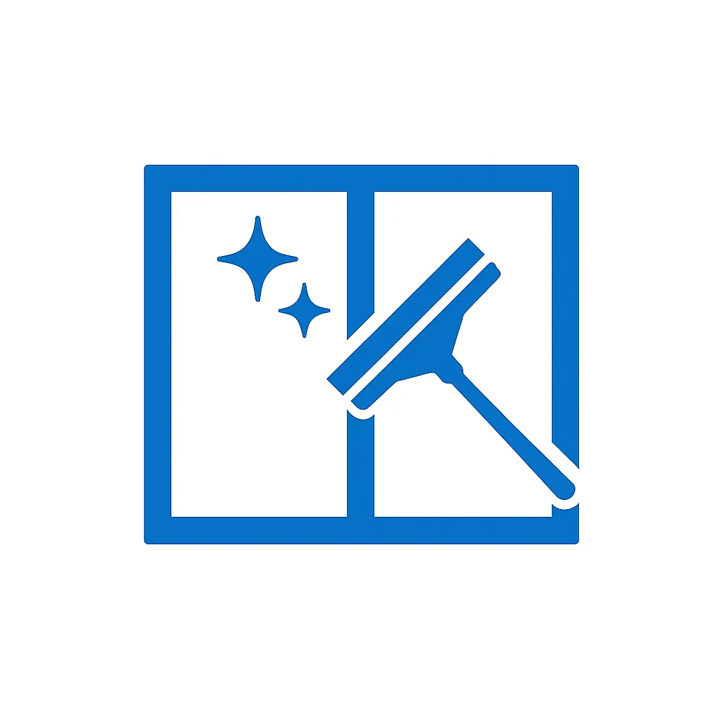 Ícono de ventana con plumilla y destellos azules que representa limpieza de vidrios brillantes - MauleClean